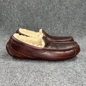 UGG Ascot Slippers Men's 11 Brown Leather Shearling Wool Slip On House Shoes